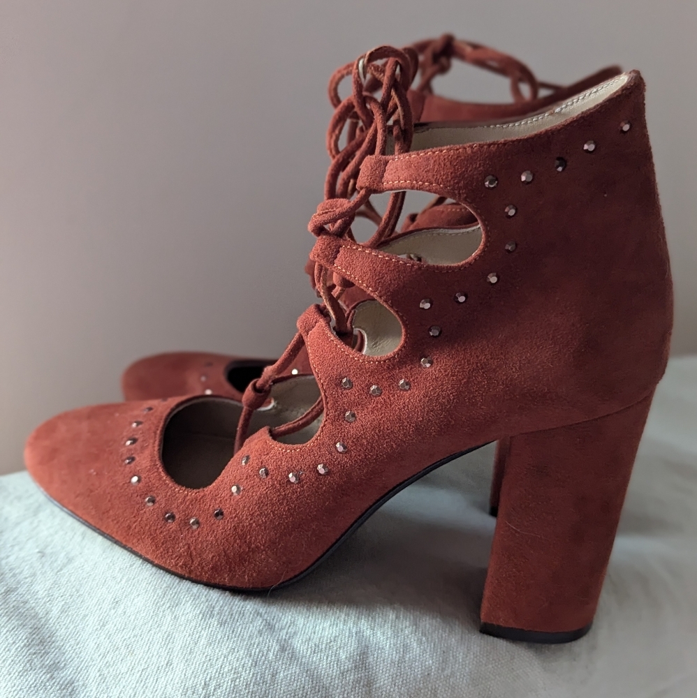 Sapena Spain Lace Up Chunky Ankle Heel Brown Suede Leather Round Yoe Euro 37.5 - Picture 5 of 16